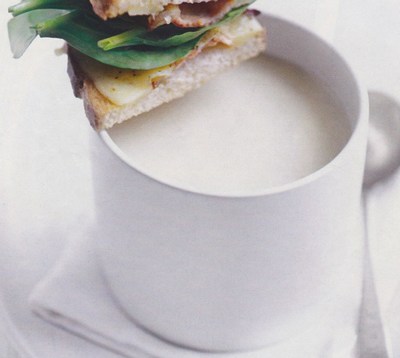 picture of Cauliflower soup with toasted cheese and bacon sandwiches
 Soup